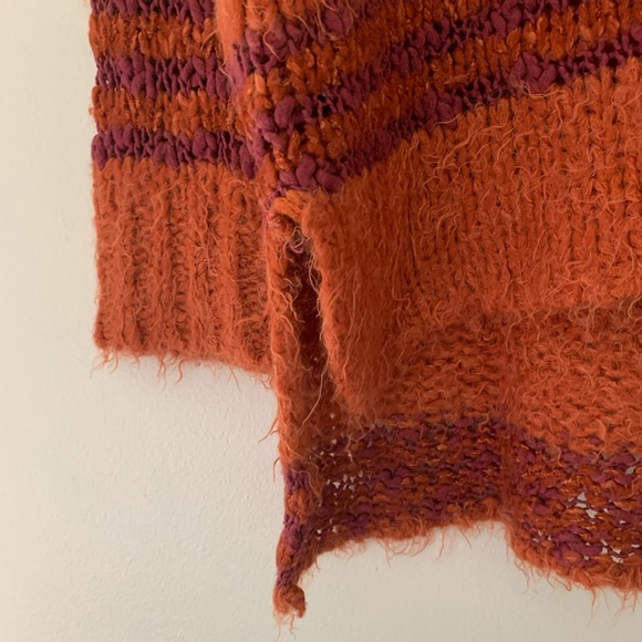 Free People Cotton Wool Blend Rust Stripe V Neck Oversized Fuzzy Sweater S - Picture 5 of 12